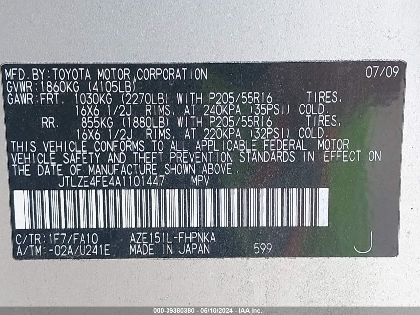 2010 Scion Xb VIN: JTLZE4FE4A1101447 Lot: 39380380