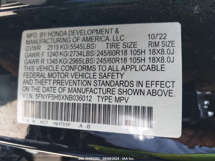 2022 Honda Pilot 2Wd Ex-L VIN: 5FNYF5H5XNB036012 Lot: 39380382