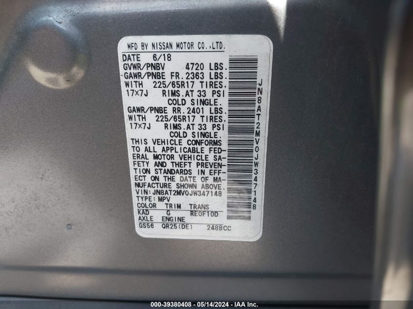 2018 Nissan Rogue Sv VIN: JN8AT2MV0JW347148 Lot: 39380408