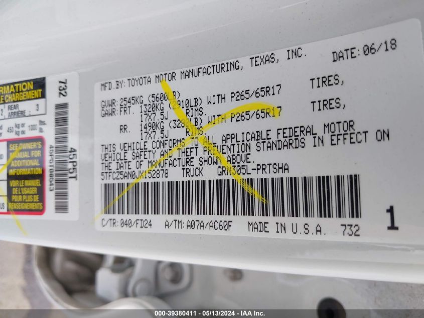 2018 Toyota Tacoma Trd Sport VIN: 5TFCZ5AN0JX152878 Lot: 39380411