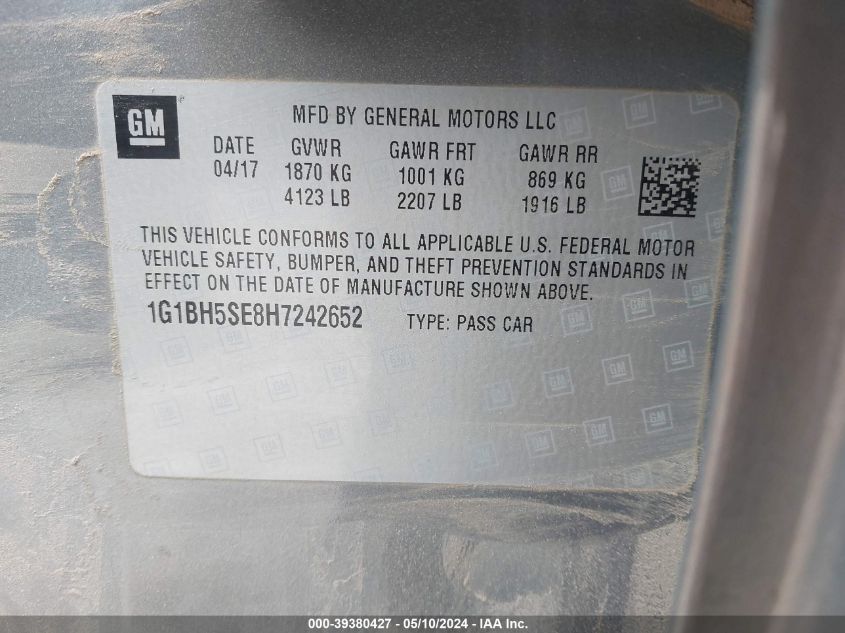 2017 Chevrolet Cruze Lt Auto VIN: 1G1BH5SE8H7242652 Lot: 39380427