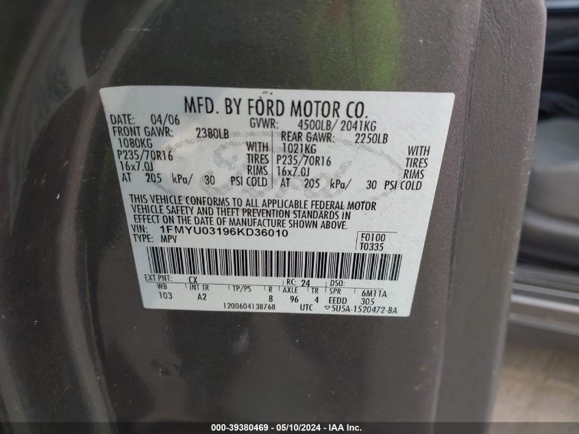 2006 Ford Escape Xlt/Xlt Sport VIN: 1FMYU03196KD36010 Lot: 39380469