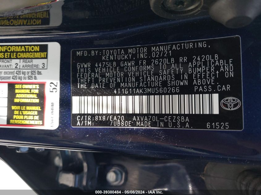 2021 Toyota Camry Se VIN: 4T1G11AK3MU560266 Lot: 39380484