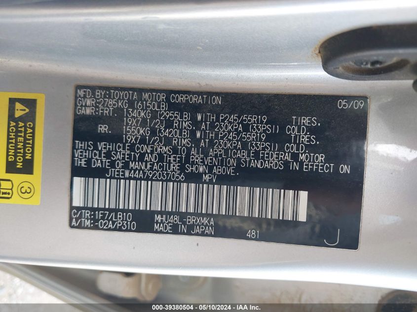 2009 Toyota Highlander Hybrid Limited VIN: JTEEW44A792037056 Lot: 39380504
