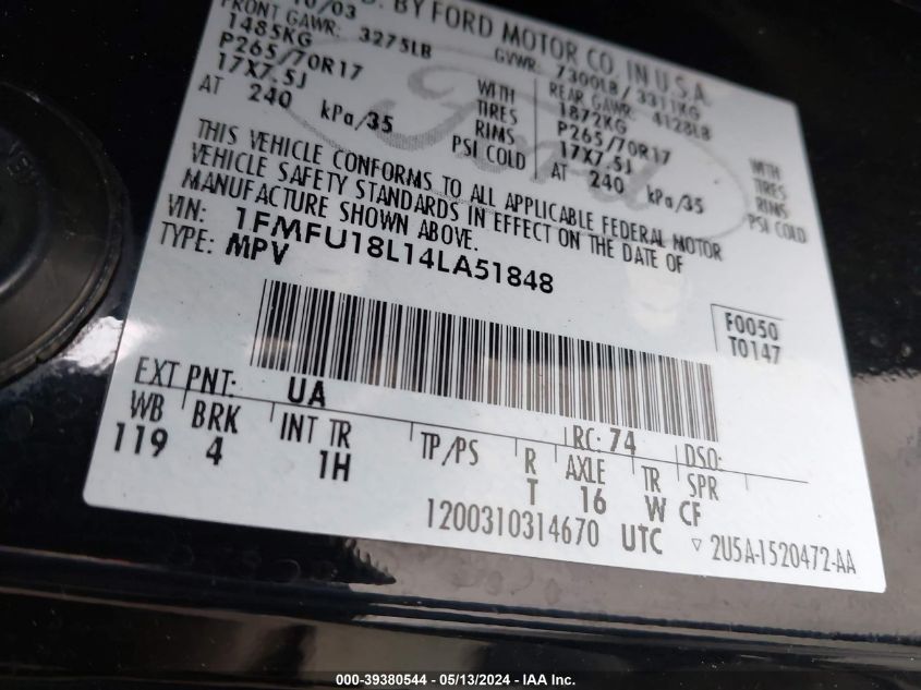 2004 Ford Expedition Eddie Bauer VIN: 1FMFU18L14LA51848 Lot: 39380544