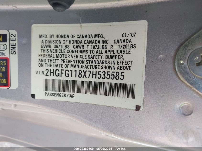 2007 Honda Civic Ex VIN: 2HGFG118X7H535585 Lot: 39380569