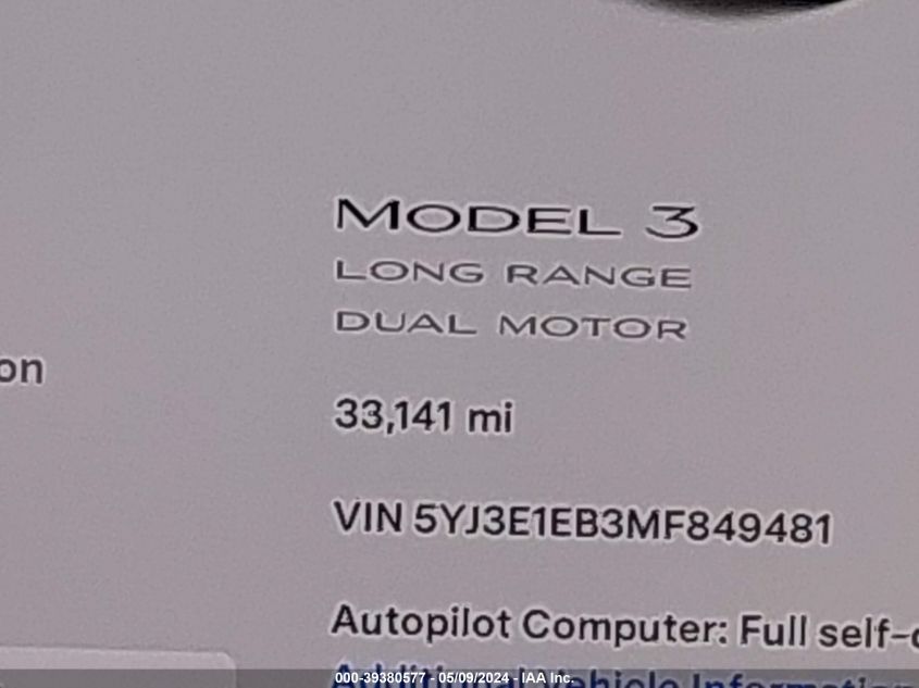 2021 Tesla Model 3 Long Range Dual Motor All-Wheel Drive VIN: 5YJ3E1EB3MF849481 Lot: 39380577