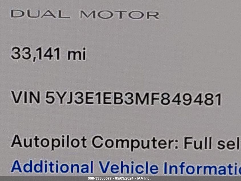 2021 Tesla Model 3 Long Range Dual Motor All-Wheel Drive VIN: 5YJ3E1EB3MF849481 Lot: 39380577