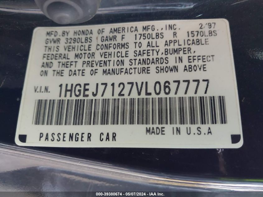 1997 Honda Civic Hx VIN: 1HGEJ7127VL067777 Lot: 39380674