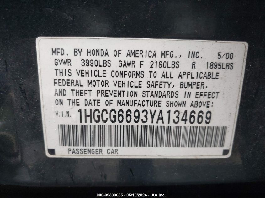 2000 Honda Accord 2.3 Se VIN: 1HGCG6693YA134669 Lot: 39380685