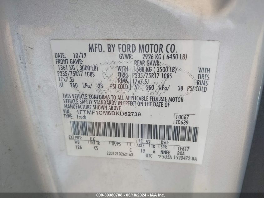 2013 Ford F-150 Xl VIN: 1FTMF1CM6DKD52739 Lot: 39380708