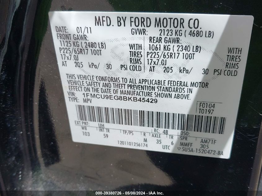 2011 Ford Escape Limited VIN: 1FMCU9EG8BKB45429 Lot: 39380726