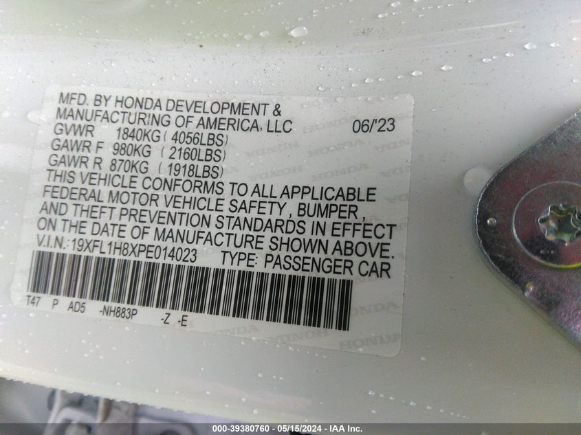 2023 HONDA CIVIC 1.5L I-4 DI, DOHC, V(VIN: 19XFL1H8XPE014023