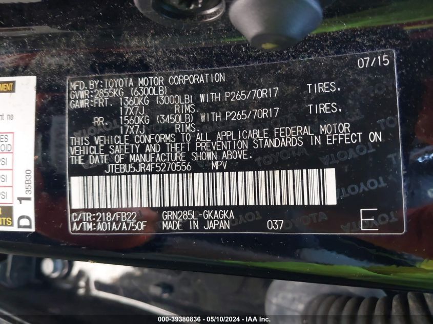 2015 Toyota 4Runner Sr5 VIN: JTEBU5JR4F5270556 Lot: 39380836