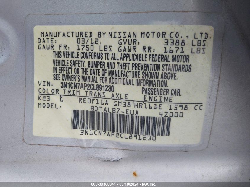 2012 Nissan Versa 1.6 Sv VIN: 3N1CN7AP2CL891230 Lot: 39380841