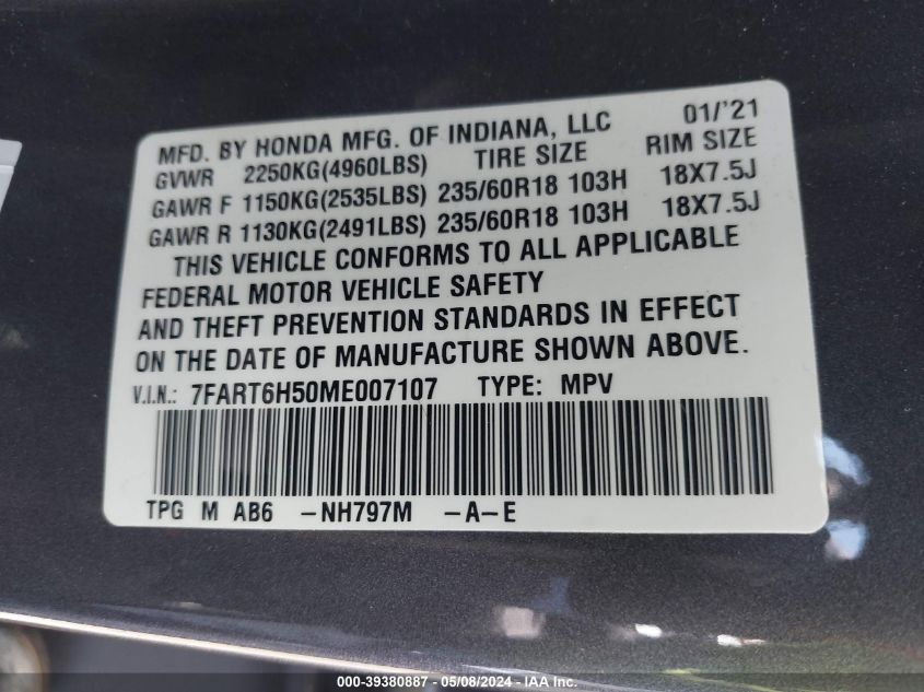 2021 Honda Cr-V Hybrid Ex VIN: 7FART6H50ME007107 Lot: 39380887