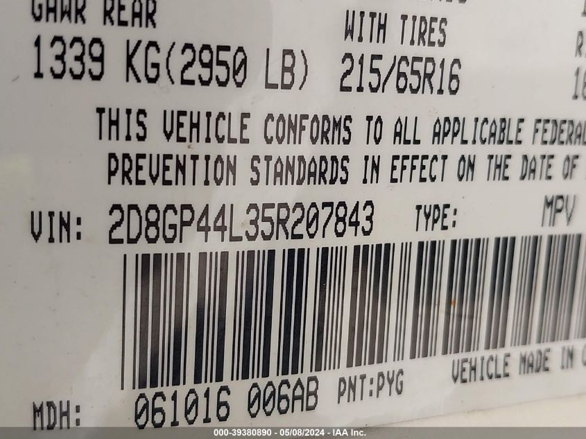 2005 Dodge Grand Caravan Sxt VIN: 2D8GP44L35R207843 Lot: 39380890