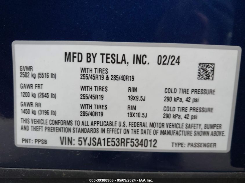 2024 Tesla Model S Long Range VIN: 5YJSA1E53RF534012 Lot: 39380906