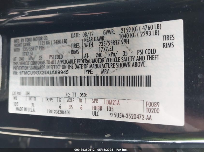 2013 Ford Escape Se VIN: 1FMCU9GX2DUA89945 Lot: 39380912