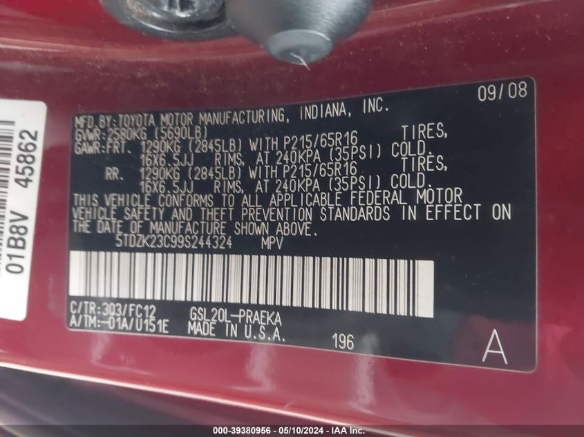 2009 Toyota Sienna Le VIN: 5TDZK23C99S244324 Lot: 39380956