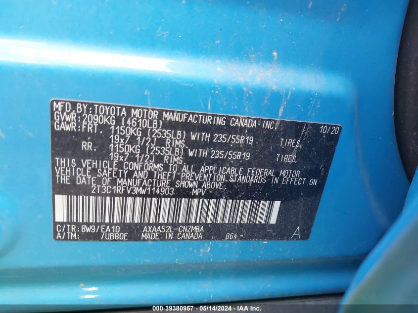 2021 Toyota Rav4 Xle Premium VIN: 2T3C1RFV3MW114903 Lot: 39380957