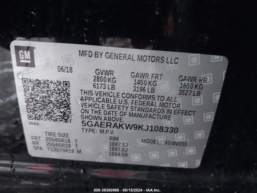 2019 Buick Enclave Fwd Preferred VIN: 5GAERAKW9KJ108330 Lot: 39380966