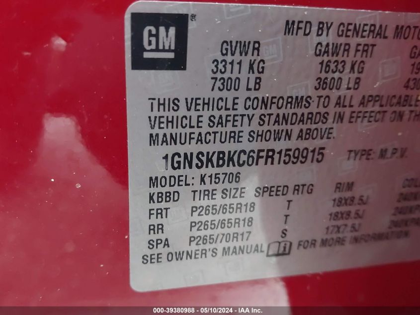 2015 Chevrolet Tahoe Lt VIN: 1GNSKBKC6FR159915 Lot: 39380988