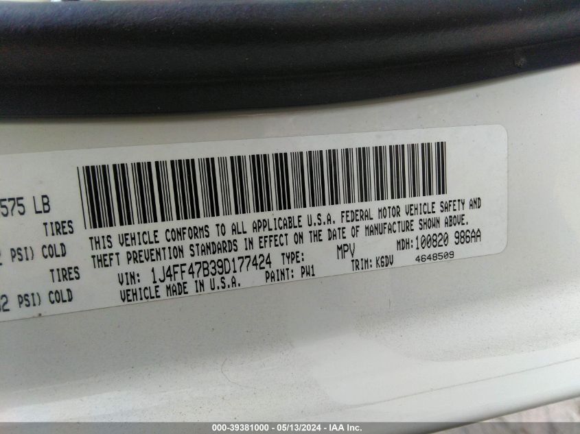 2009 Jeep Compass Sport VIN: 1J4FF47B39D177424 Lot: 39381000