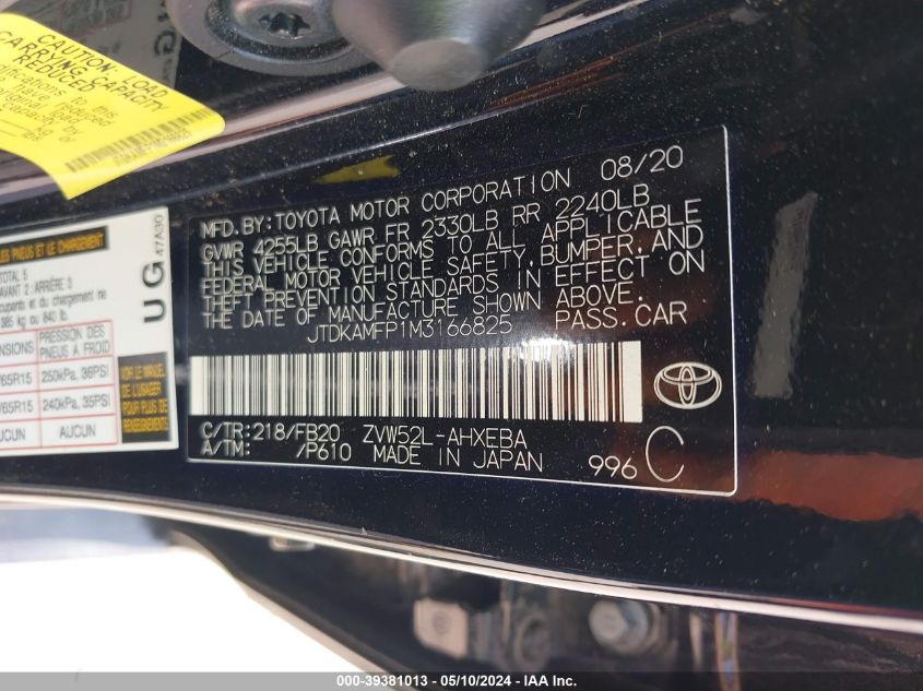 2021 Toyota Prius Prime Le VIN: JTDKAMFP1M3166825 Lot: 39381013