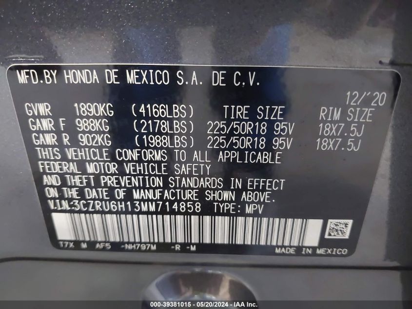 2021 Honda Hr-V Awd Sport VIN: 3CZRU6H13MM714858 Lot: 39381015