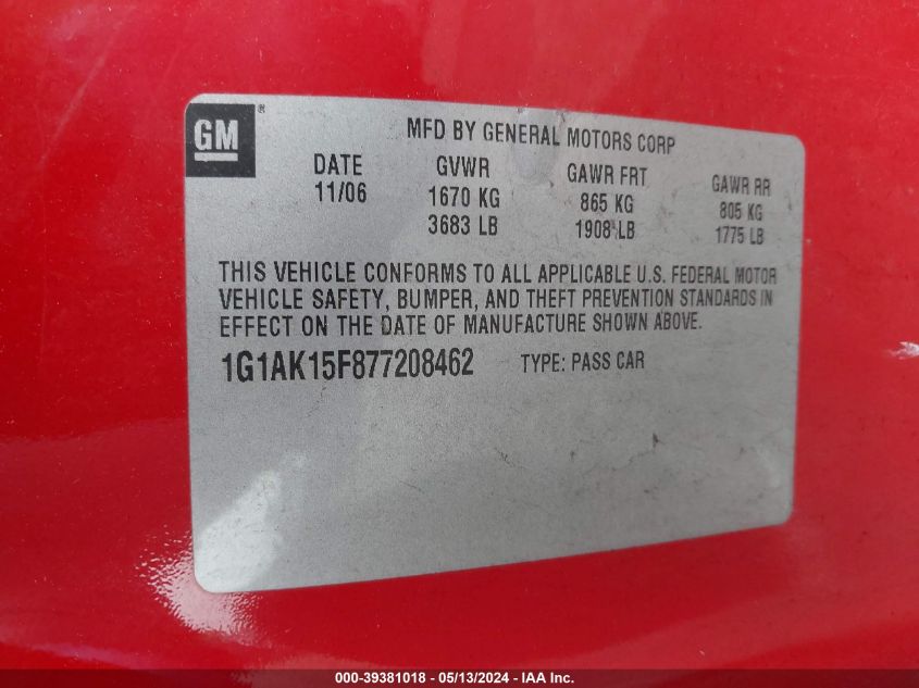 2007 Chevrolet Cobalt Ls VIN: 1G1AK15F877208462 Lot: 39381018