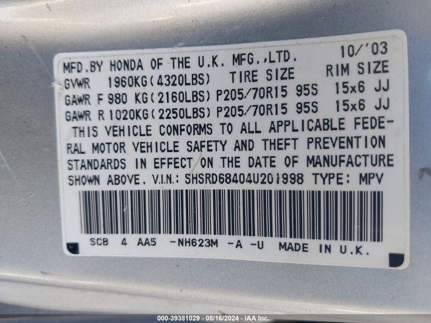 2004 Honda Cr-V Lx VIN: SHSRD68404U201998 Lot: 39381029