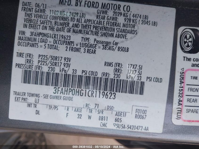 2012 Ford Fusion Se VIN: 3FAHP0HG1CR119623 Lot: 39381032