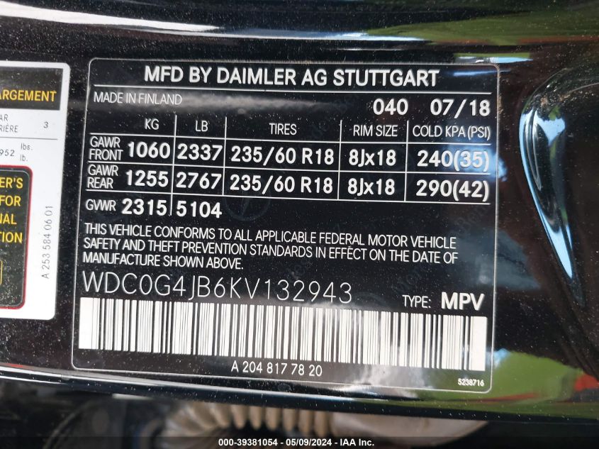 2019 Mercedes-Benz Glc 300 VIN: WDC0G4JB6KV132943 Lot: 39381054