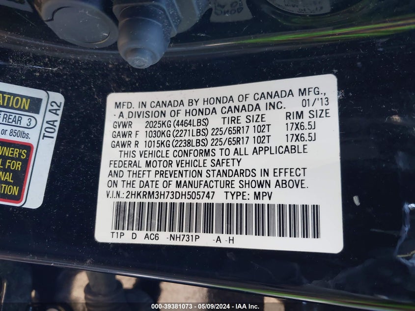 2013 HONDA CR-V EX-L - 2HKRM3H73DH505747