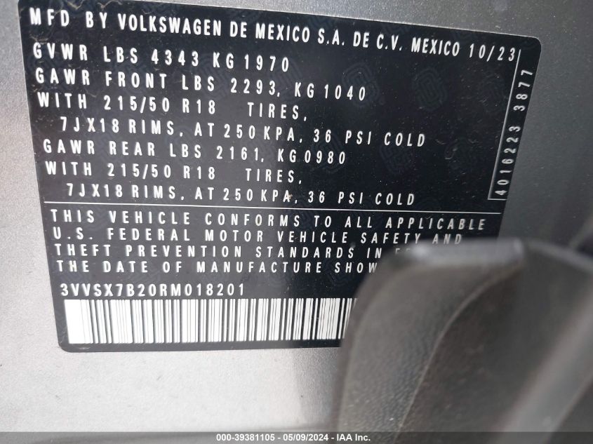 2024 Volkswagen Taos 1.5T Se VIN: 3VVSX7B20RM018201 Lot: 39381105