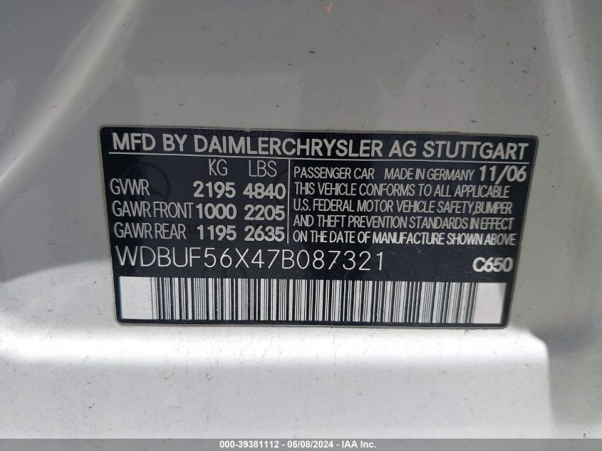 2007 Mercedes-Benz E 350 VIN: WDBUF56X47B087321 Lot: 39381112