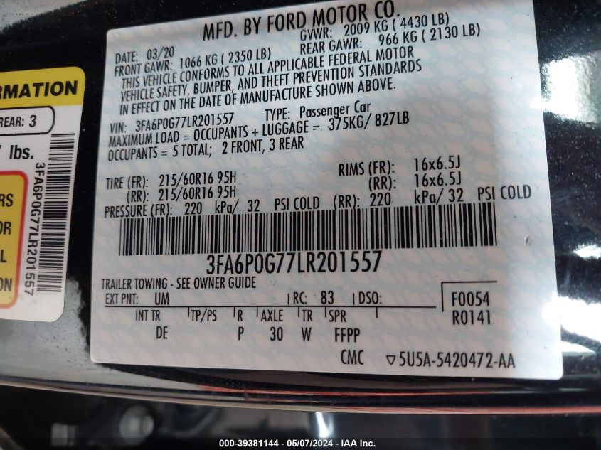 2020 Ford Fusion S VIN: 3FA6P0G77LR201557 Lot: 39381144