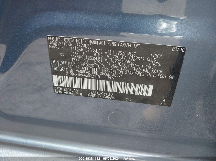 2010 Toyota Rav4 Limited V6 VIN: 2T3DK4DV4AW022119 Lot: 39381152