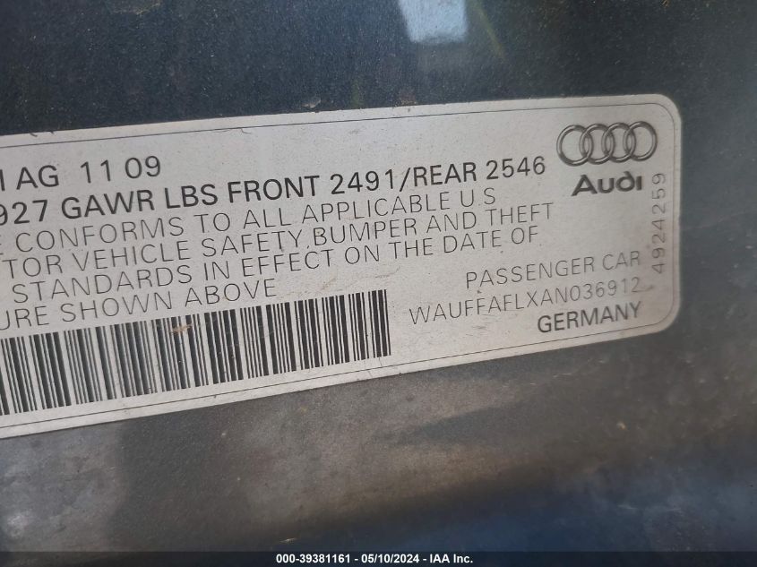 2010 Audi A4 2.0T Premium VIN: WAUFFAFLXAN036912 Lot: 39381161