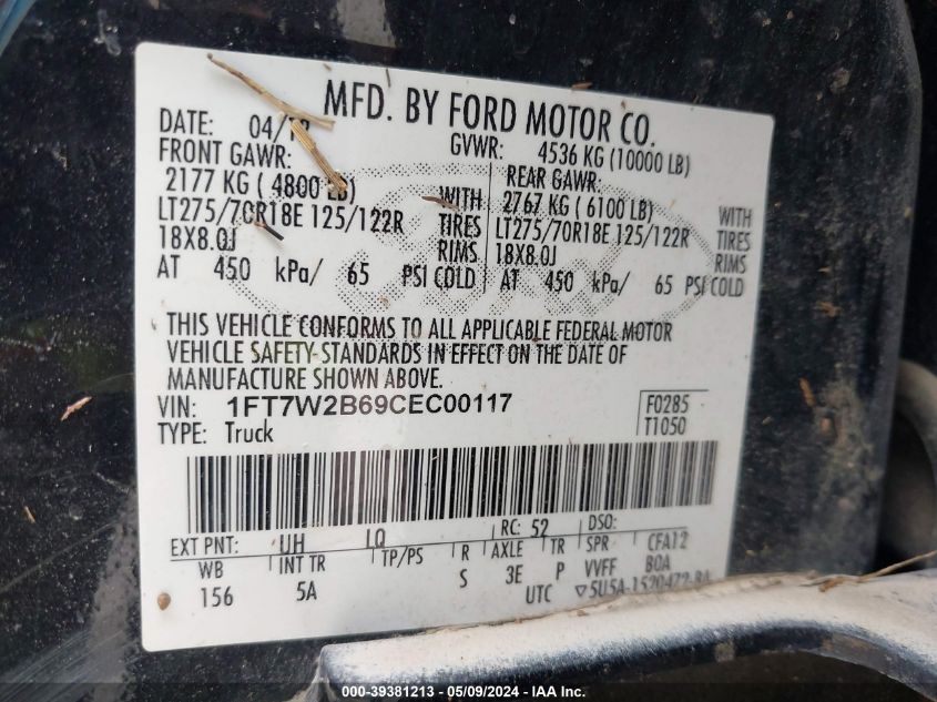 2012 Ford F250 Super Duty VIN: 1FT7W2B69CEC00117 Lot: 39381213