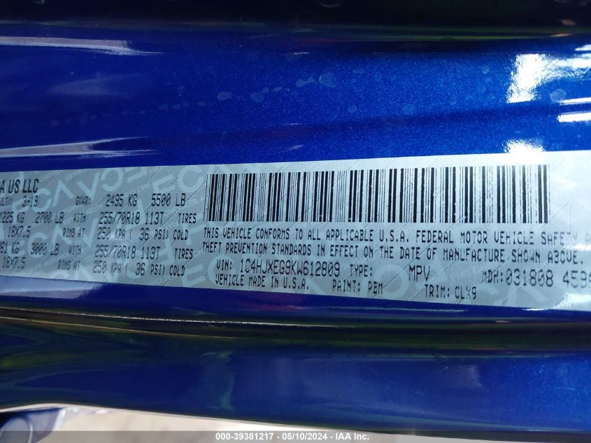 2019 Jeep Wrangler Unlimited Sahara 4X4 VIN: 1C4HJXEG9KW612809 Lot: 39381217