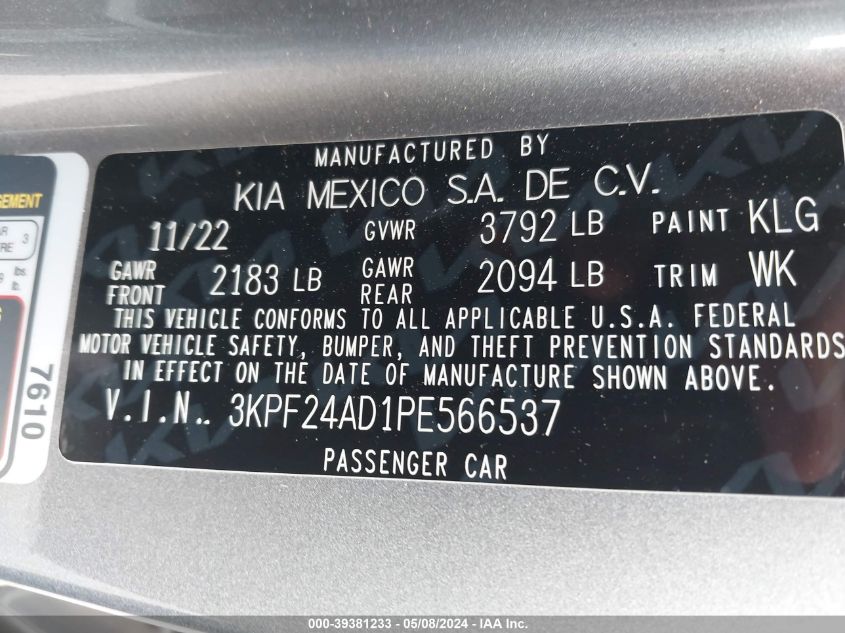 2023 Kia Forte Lxs VIN: 3KPF24AD1PE566537 Lot: 39381233