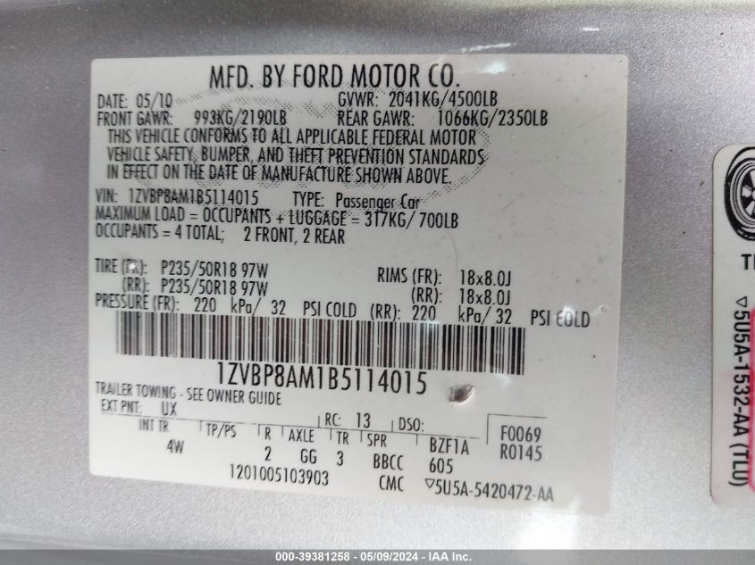 2011 Ford Mustang V6 Premium VIN: 1ZVBP8AM1B5114015 Lot: 39381258