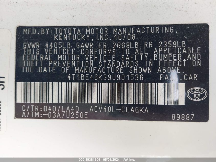 2009 Toyota Camry Xle VIN: 4T1BE46K39U901536 Lot: 39381304