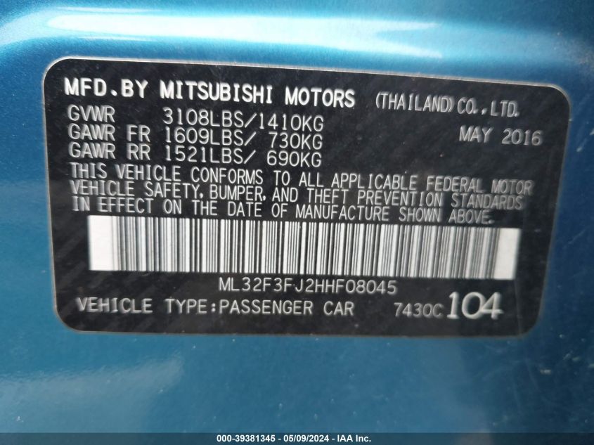 2017 Mitsubishi Mirage G4 Es VIN: ML32F3FJ2HHF08045 Lot: 39381345