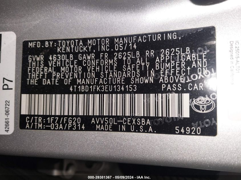 2014 Toyota Camry Hybrid Se Limited Edition VIN: 4T1BD1FK3EU134153 Lot: 39381367