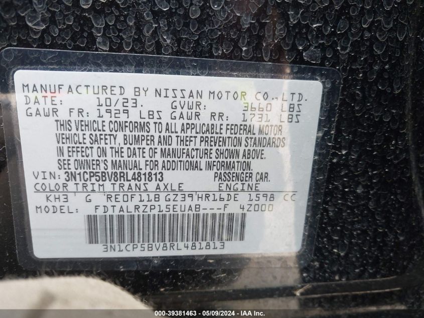 2024 Nissan Kicks S Xtronic Cvt VIN: 3N1CP5BV8RL481813 Lot: 39381463