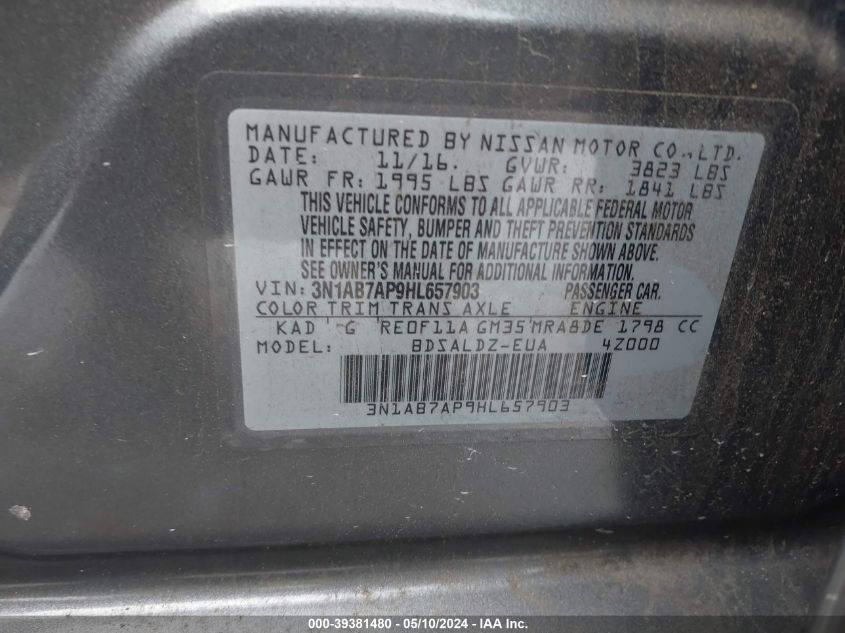 2017 Nissan Sentra Sv VIN: 3N1AB7AP9HL657903 Lot: 39381480