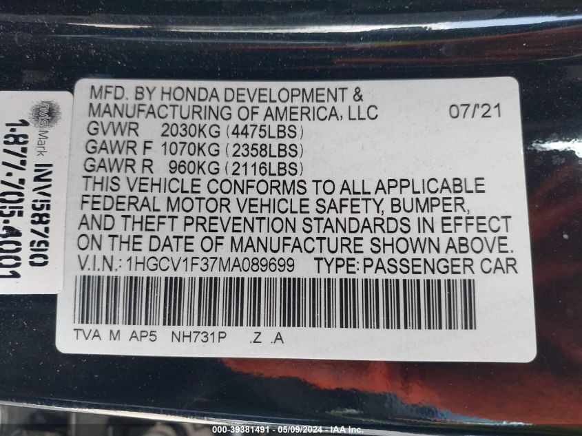 2021 Honda Accord Sport VIN: 1HGCV1F37MA089699 Lot: 39381491